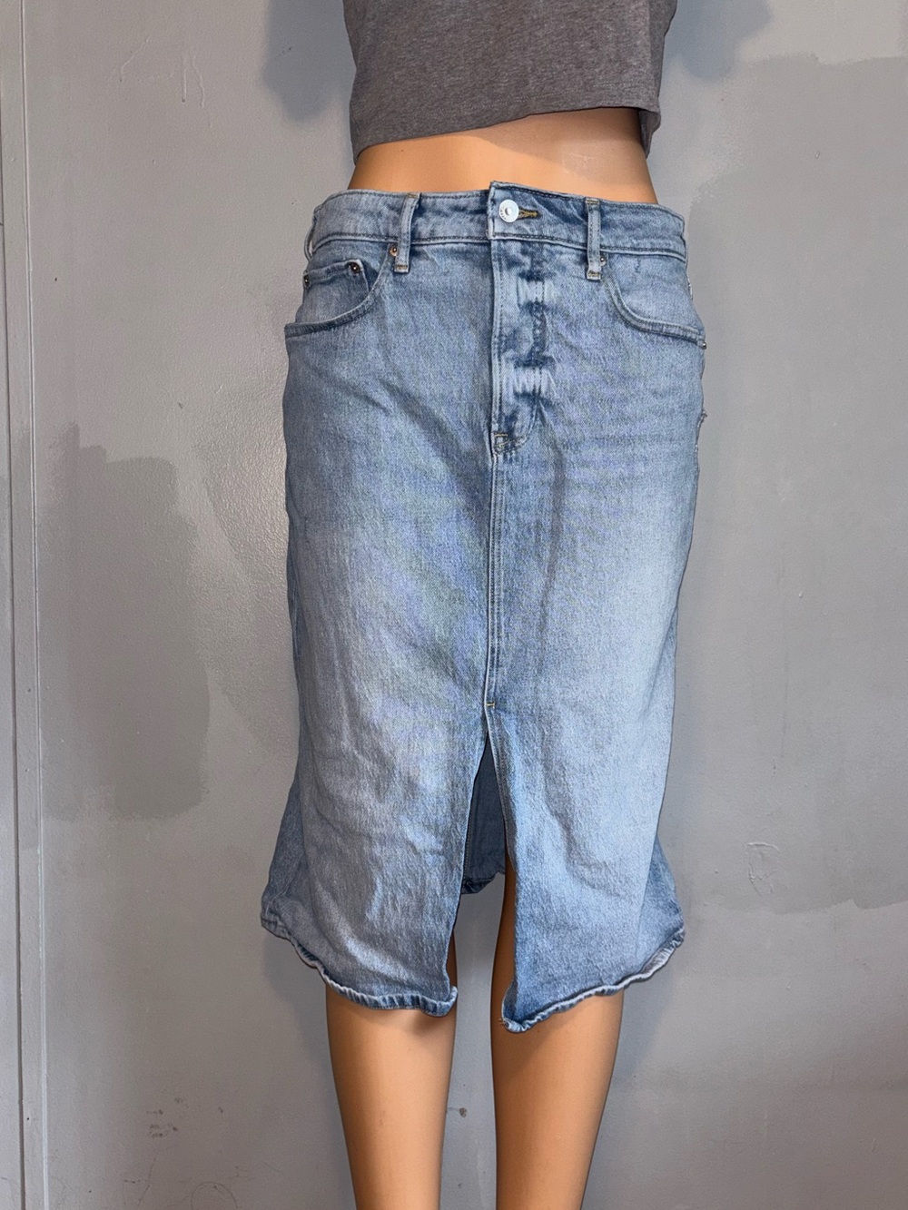 Light Wash Denim Midi Skirt with Front Slit